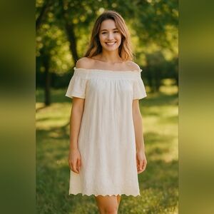 Zara Basic Off-Shoulder Ivory Linen Embroidered Mini Dress Size S